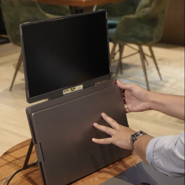 "Quad monitor laptop screen extender showing foldable design and multi
screen setup