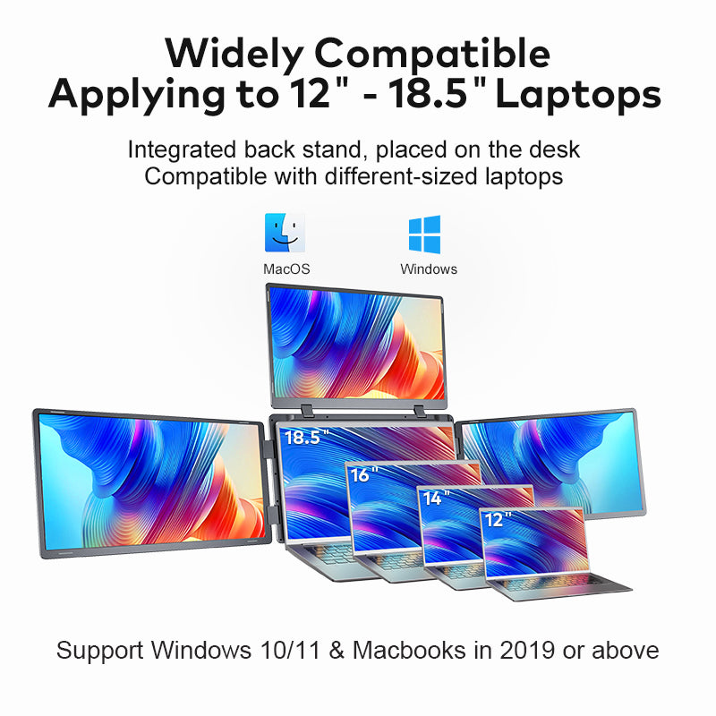 Laptop with integrated back stand on a white background, featuring MacOS and Windows logos.
