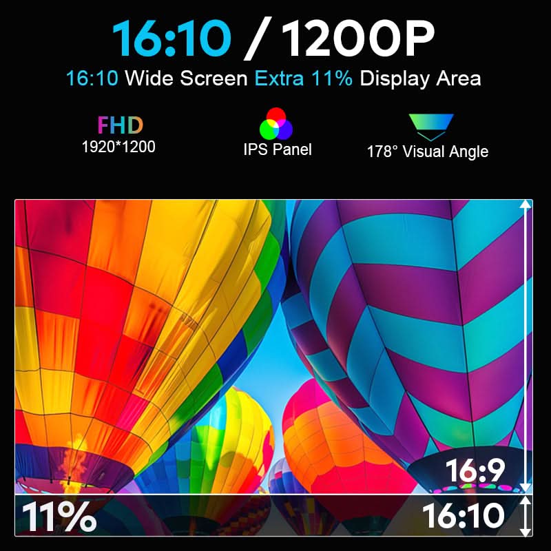 16-inch Full HD IPS portable monitor with 1920 × 1200 resolution and a 16:10 aspect ratio.