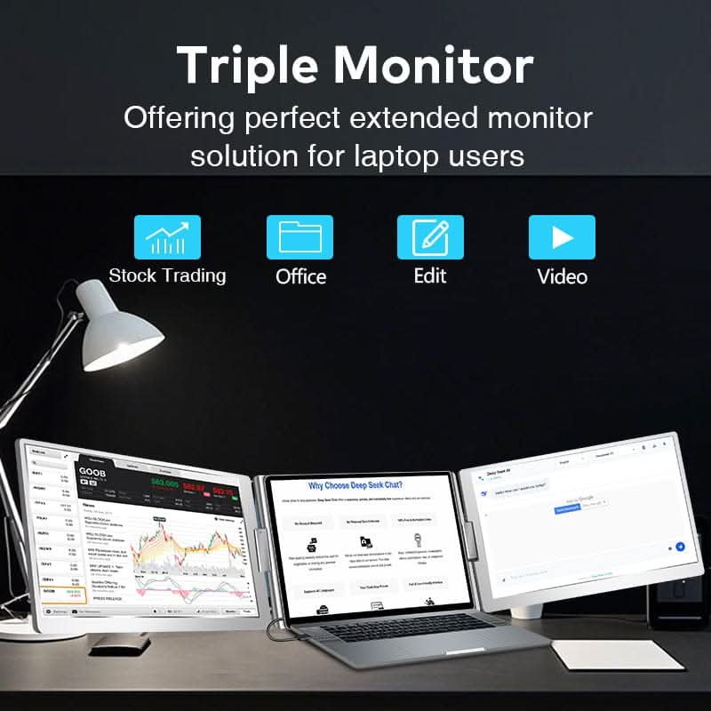 RIITEK tri portable monitor creating a three-screen laptop workstation for enhanced productivity.