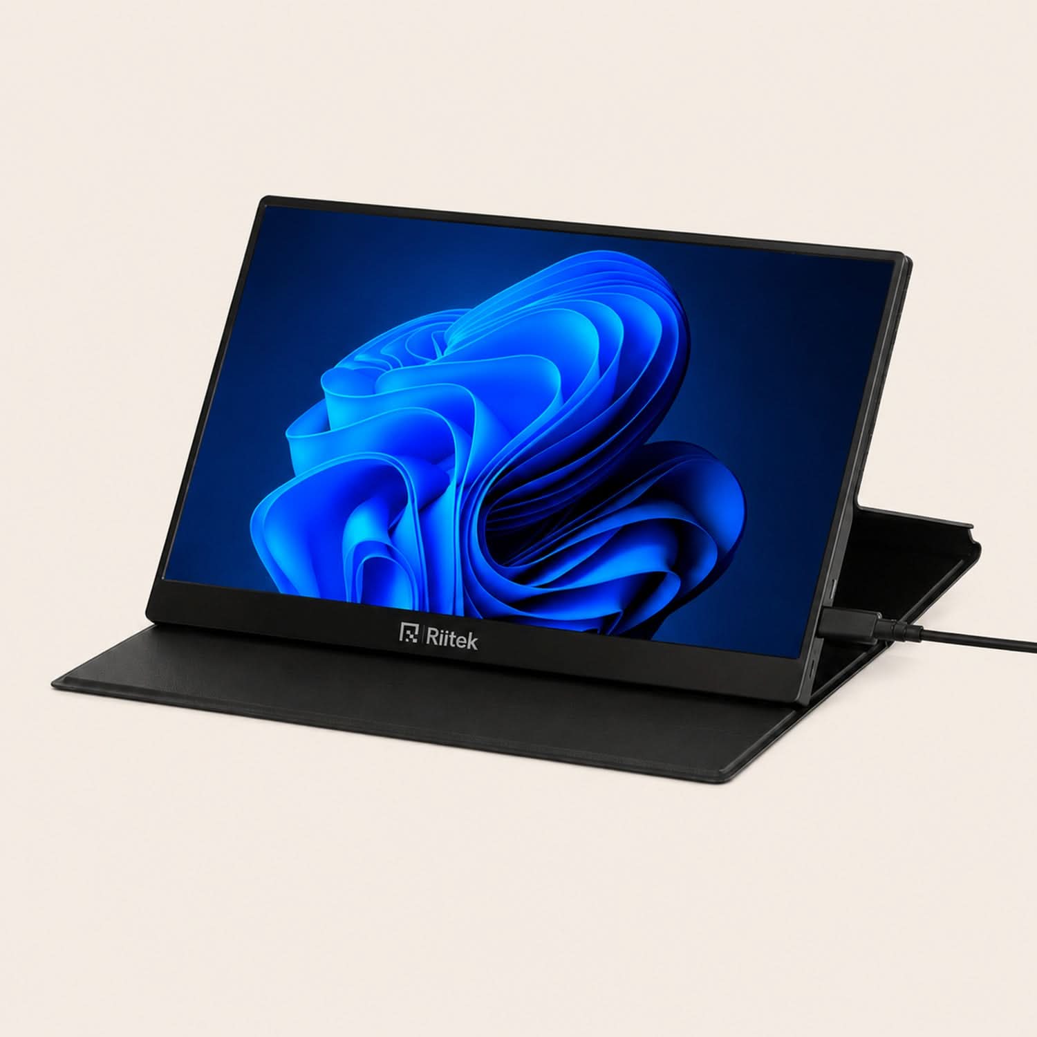 RIITEK 15.6 inch portable Full HD monitor with Windows 11 desktop on screen, foldable magnetic smart cover stand