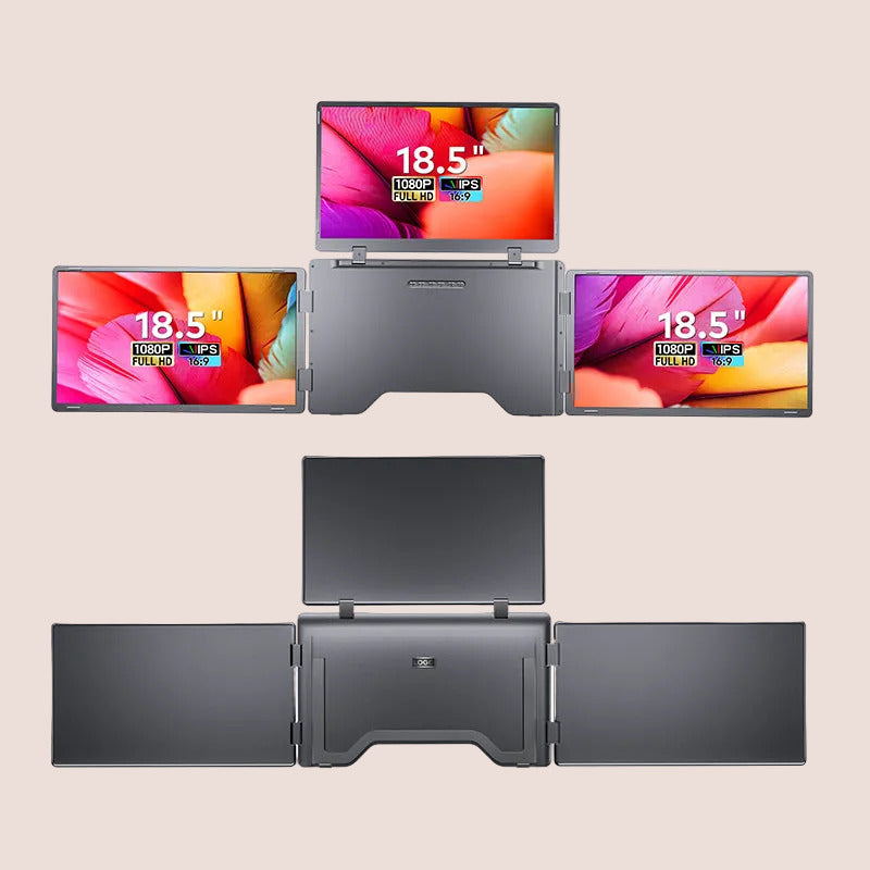 Multi-monitor setup with two external displays attached to a laptop on a white background