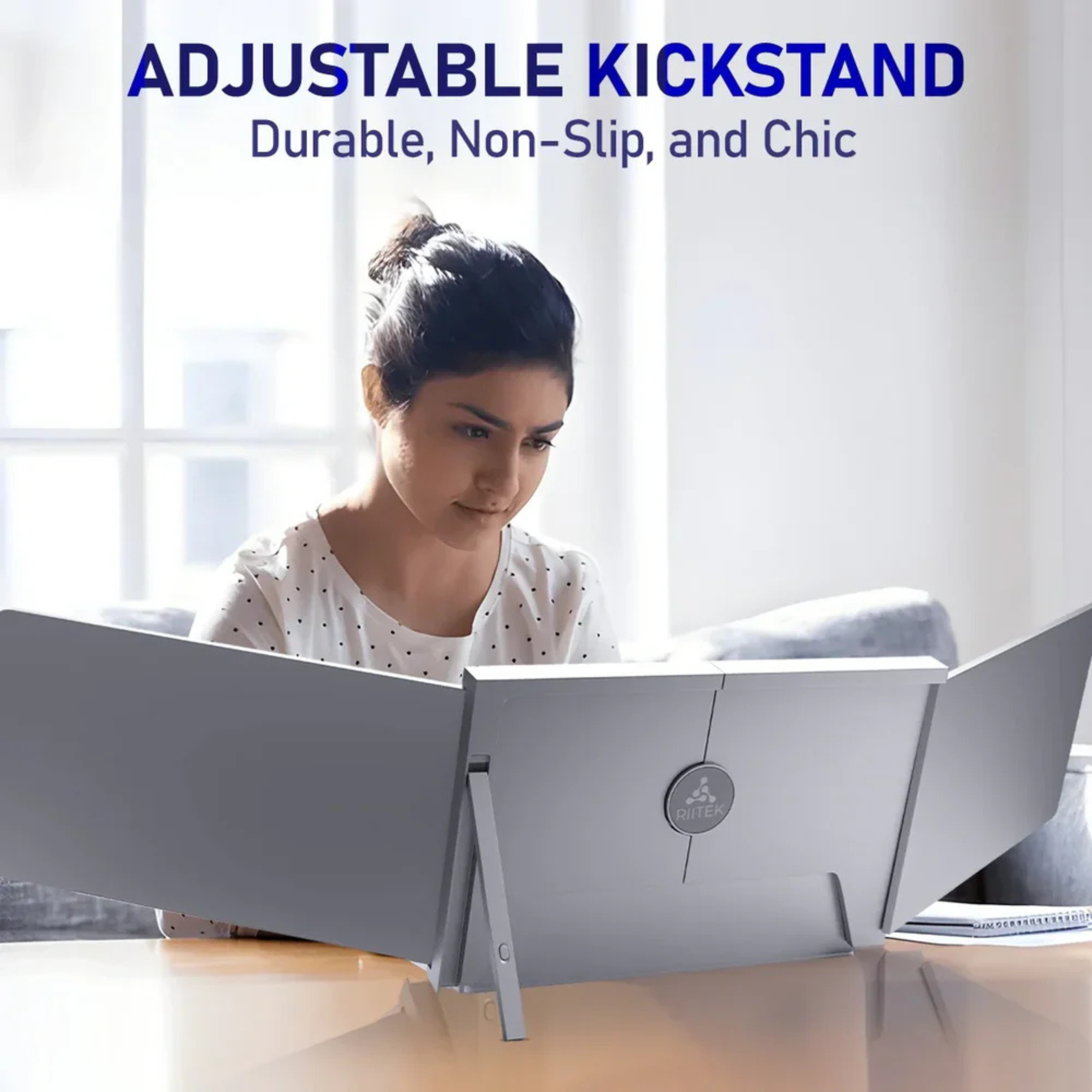 RIITEK 13.3 inch foldable triple screen monitor with adjustable kickstand shown in multiple viewing angle positions for portrait and landscape modes