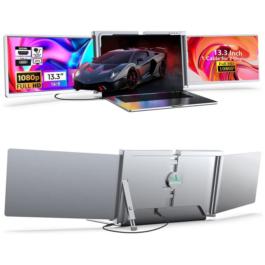 RIITEK 13.3 inch Full HD 1080P IPS portable monitor spec banner showing screen size, resolution, and connectivity details