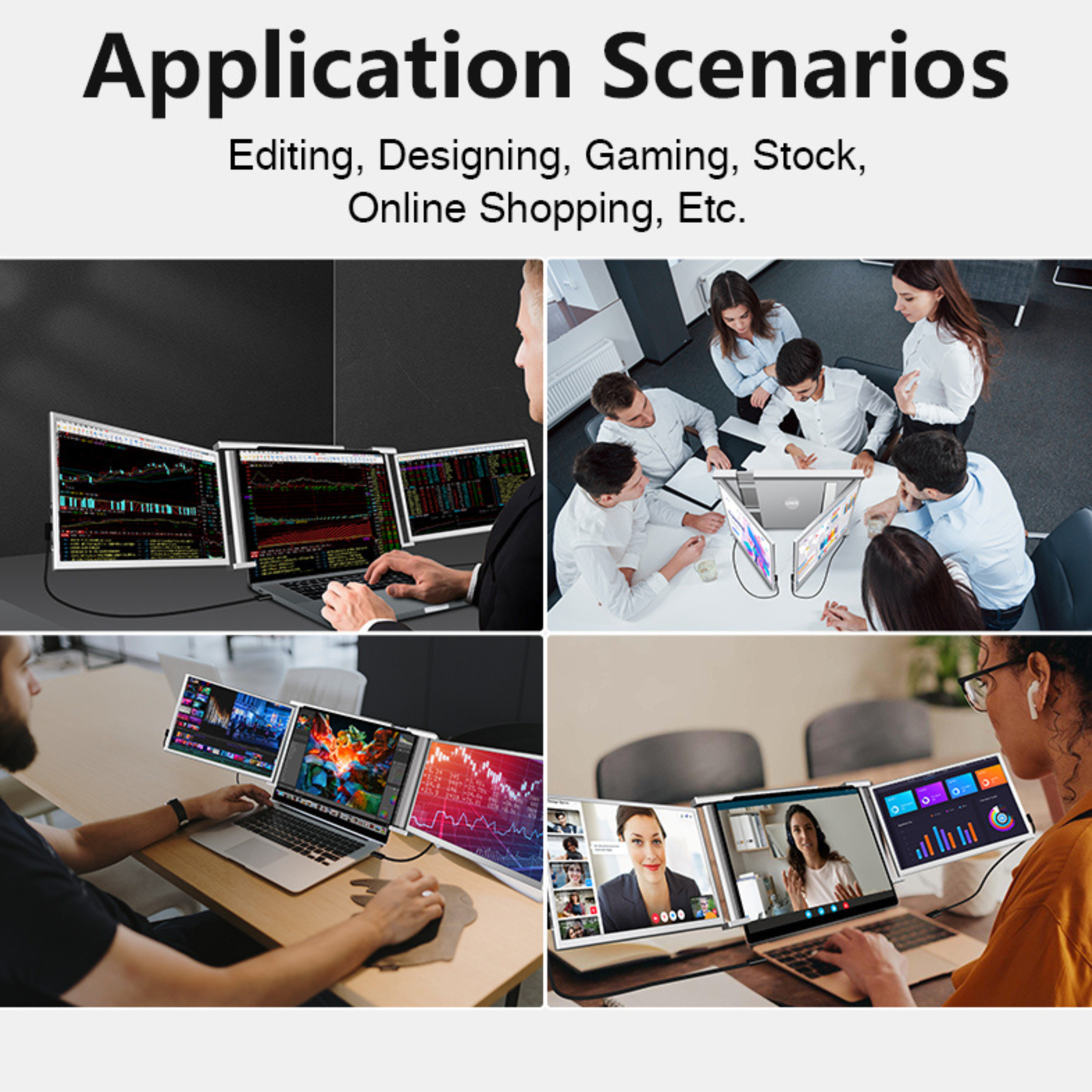 RIITEK 14 inch tri-screen laptop screen extender application scenarios including trading editing design gaming and meetings