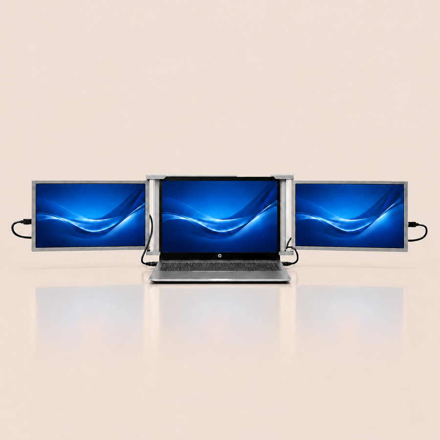 RIITEK 14 inch tri-screen monitor dual cable laptop screen extender showing three displays