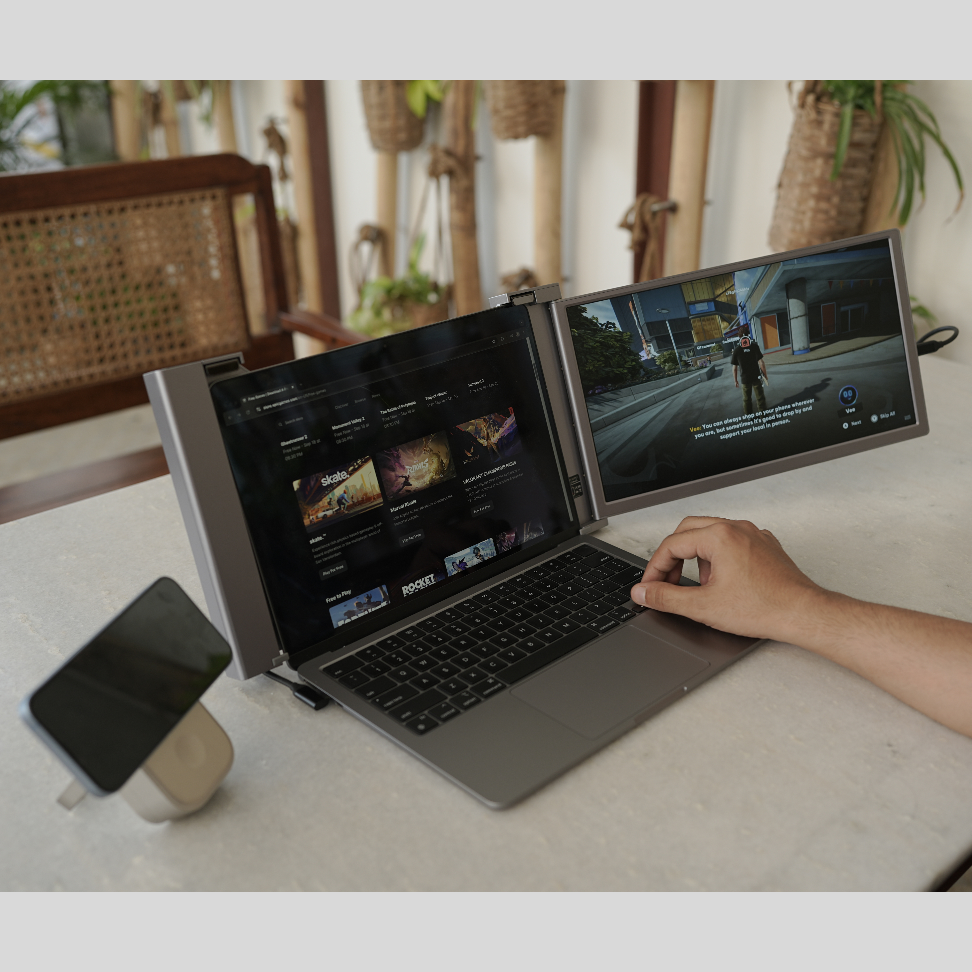 browsing streaming content on RIITEK 14 inch portable second screen attached to a laptop dual screen entertainment setup