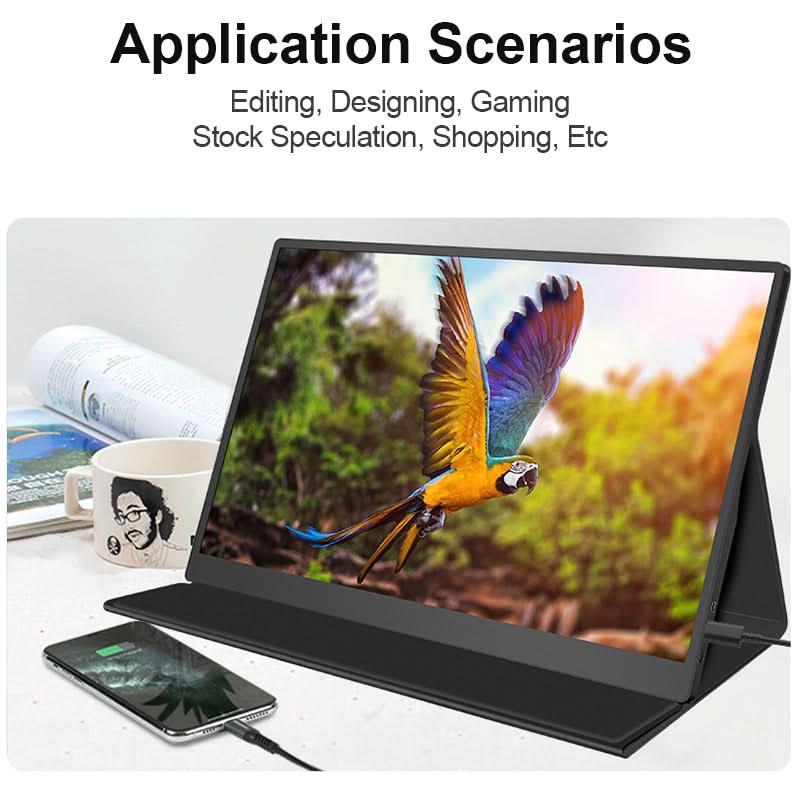 RIITEK 15.6 inch portable monitor application scenarios editing, designing, gaming and stock trading use cases