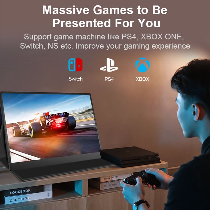 RIITEK 15.6 inch portable monitor connected to gaming consoles showing PS4, Xbox One Switch compatibility for portable gaming