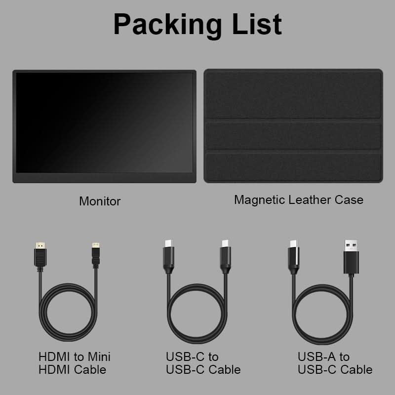 RIITEK 15.6 inch portable monitor packing monitor, magnetic leather case, HDMI to Mini HDMI cable, USB-C cable and USB-A to USB-C cable