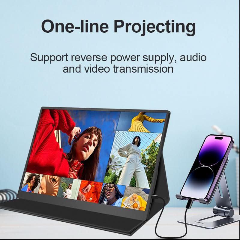 RIITEK 15.6 inch portable monitor connected to a smartphone via single USB-C cable projecting with reverse power supply and video output