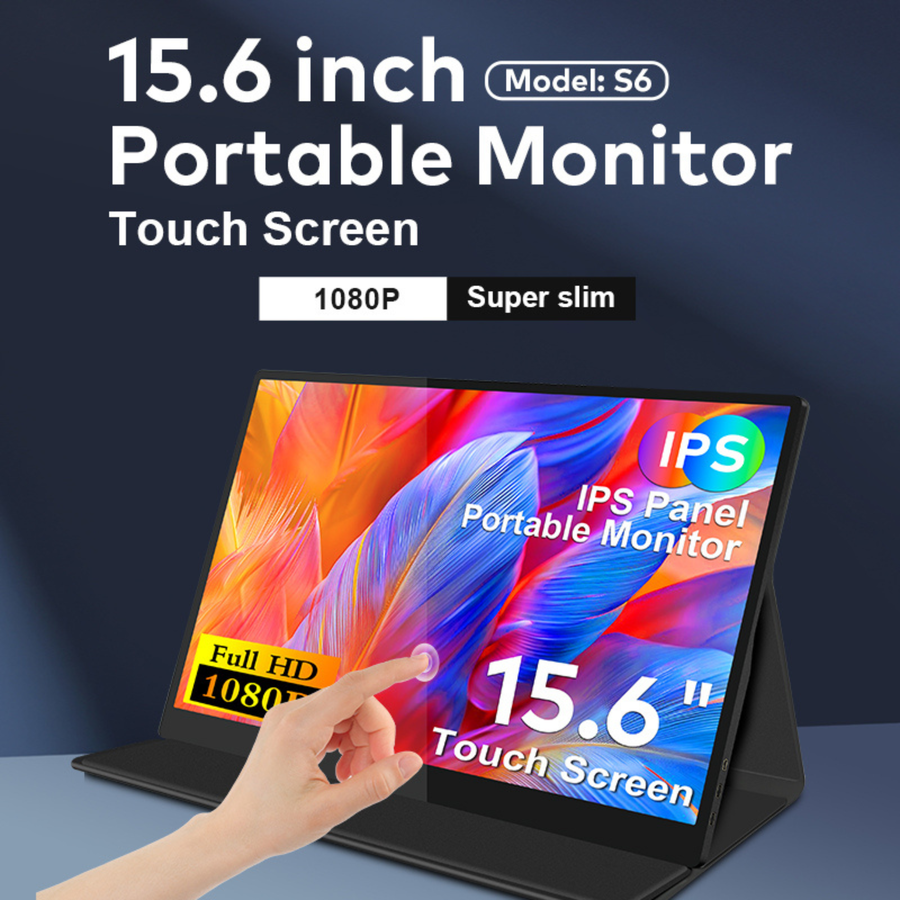 RIITEK 15.6 inch portable monitor spec banner showing Full HD 1080P IPS panel, touch screen capability,