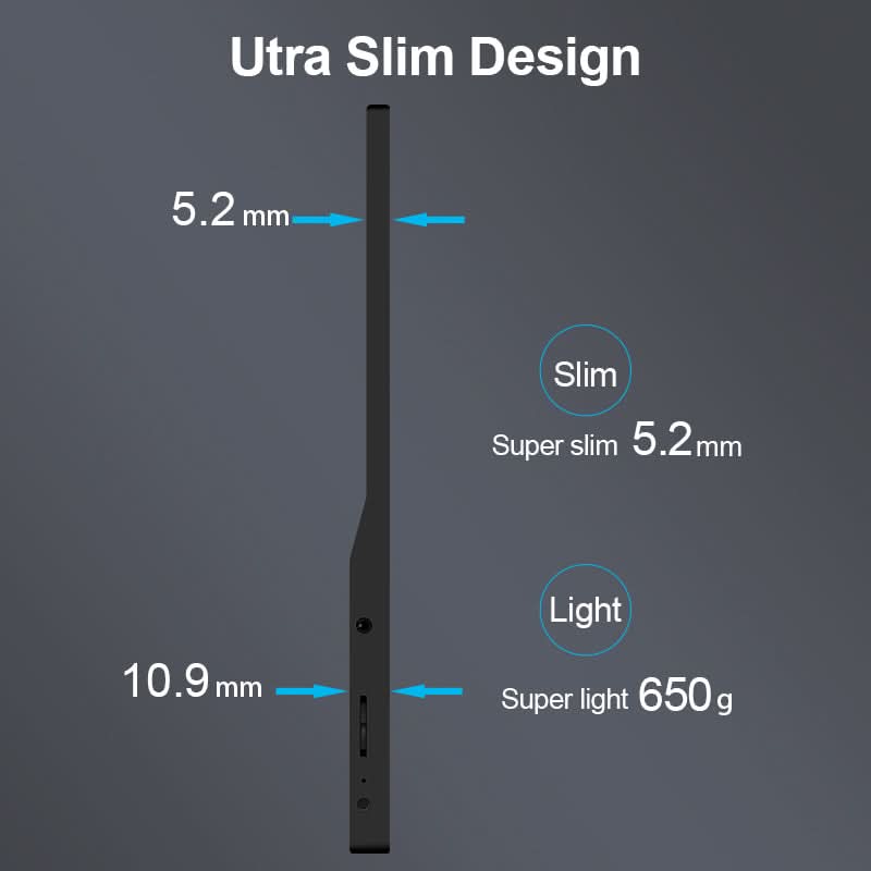 RIITEK 15.6 inch portable monitor ultra slim design infographic showing 5.2mm slim profile, 10.9mm super slim measurement and lightweight build