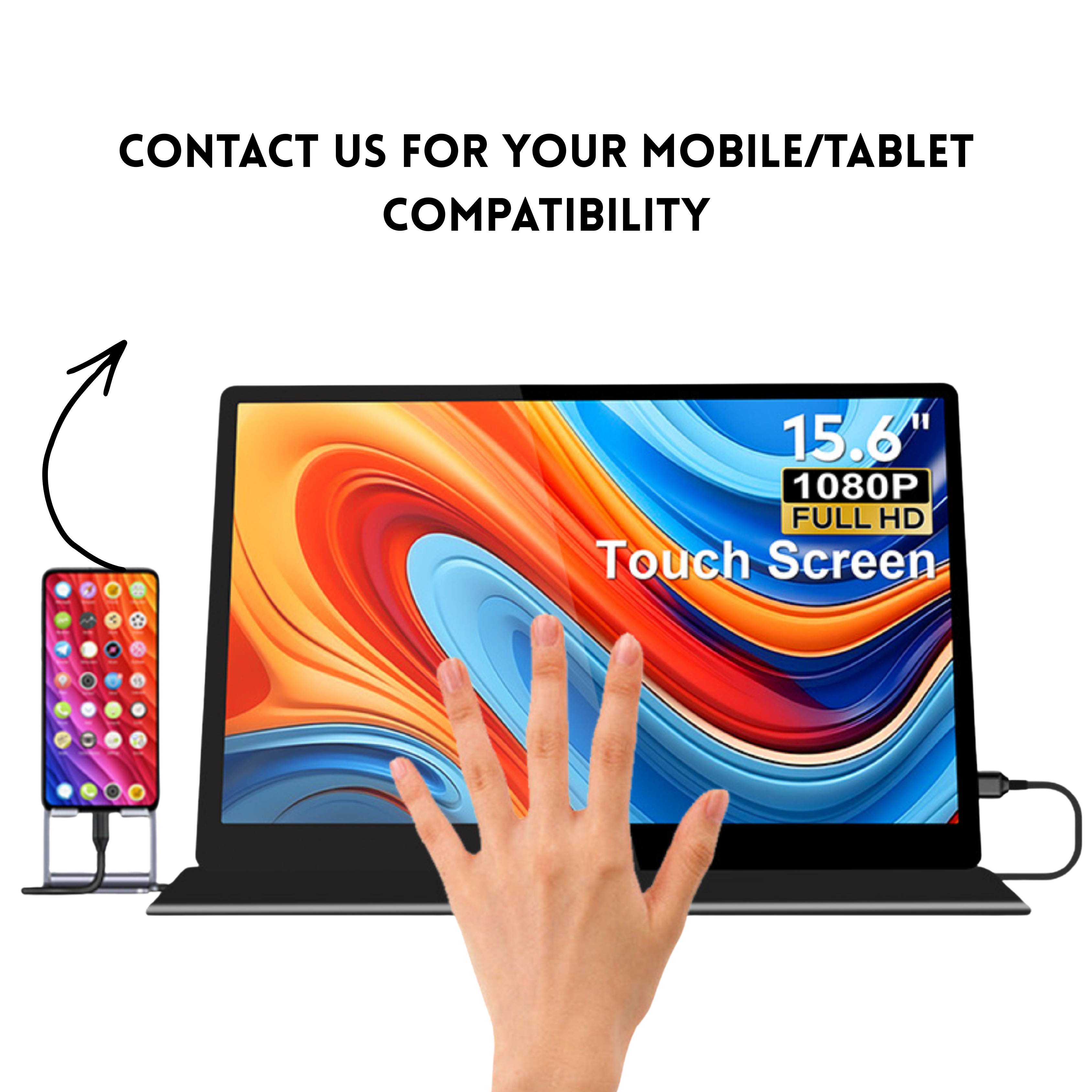 RIITEK 15.6 inch touchscreen portable monitor shown connected to a smartphone and touch screen interface for mobile compatibility