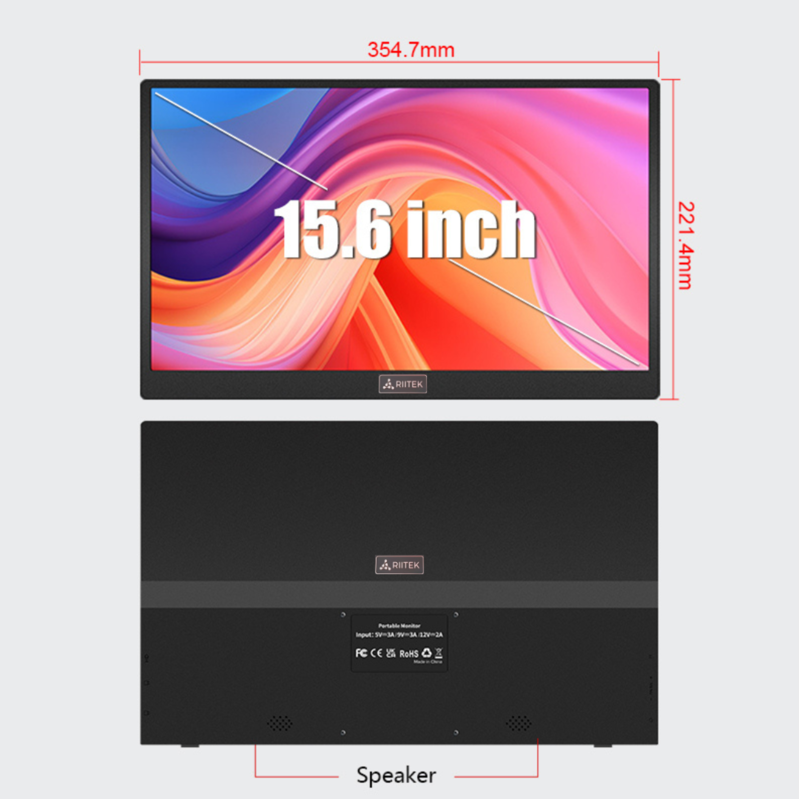 RIITEK 15.6 inch portable monitor side and front view built-in speaker Full HD display