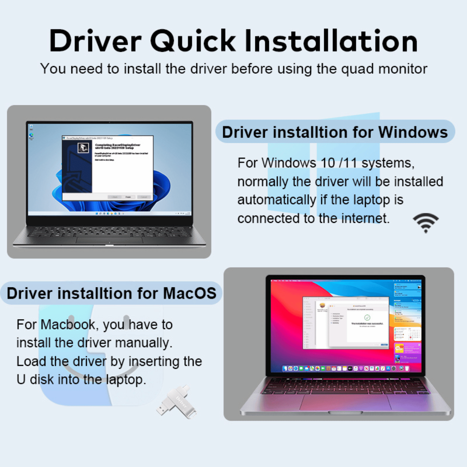 RIITEK quad monitor driver installation guide for Windows and MacOS laptops