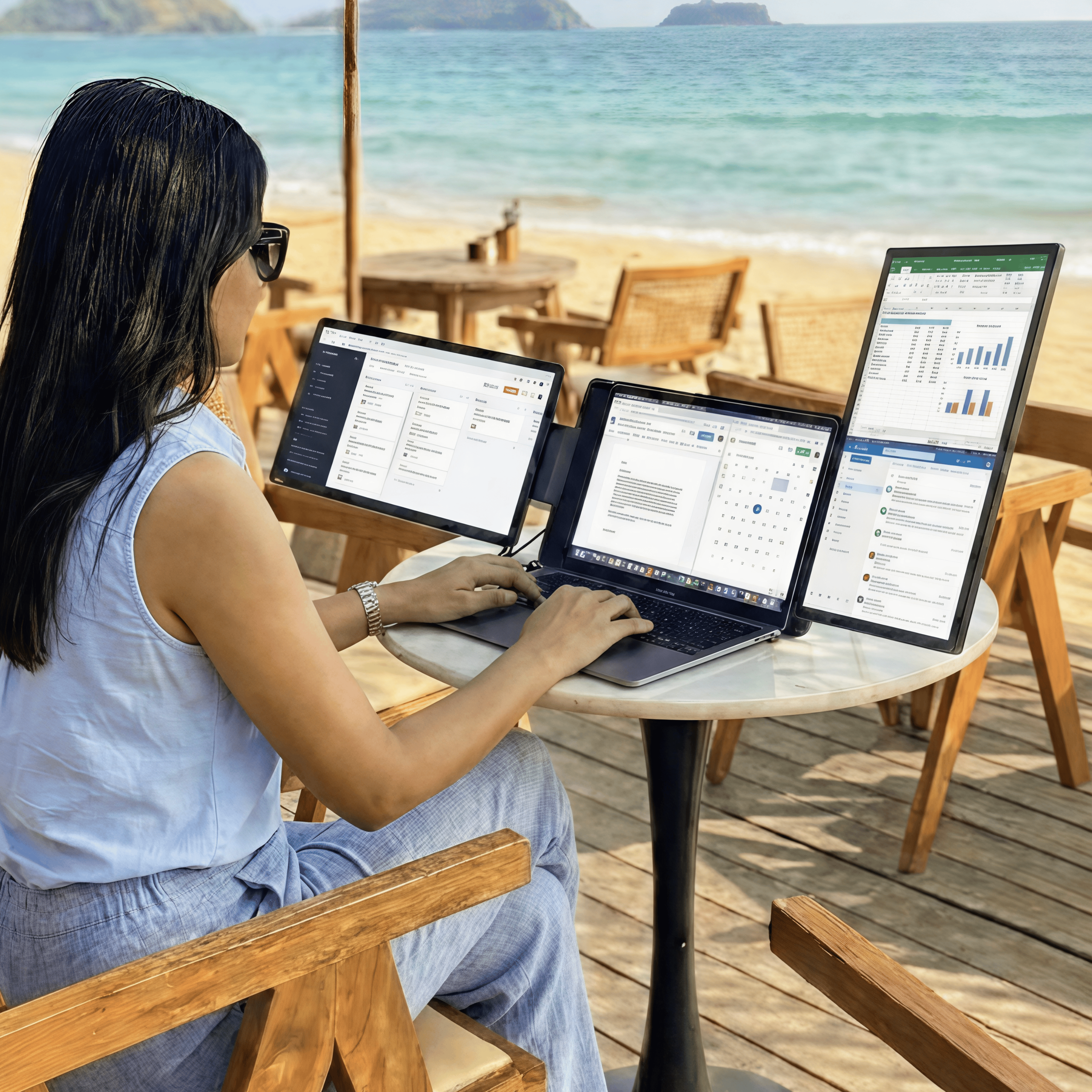 Remote professional using RIITEK 15.6 inch portable monitor for laptop with a foldable tri screen workstation.