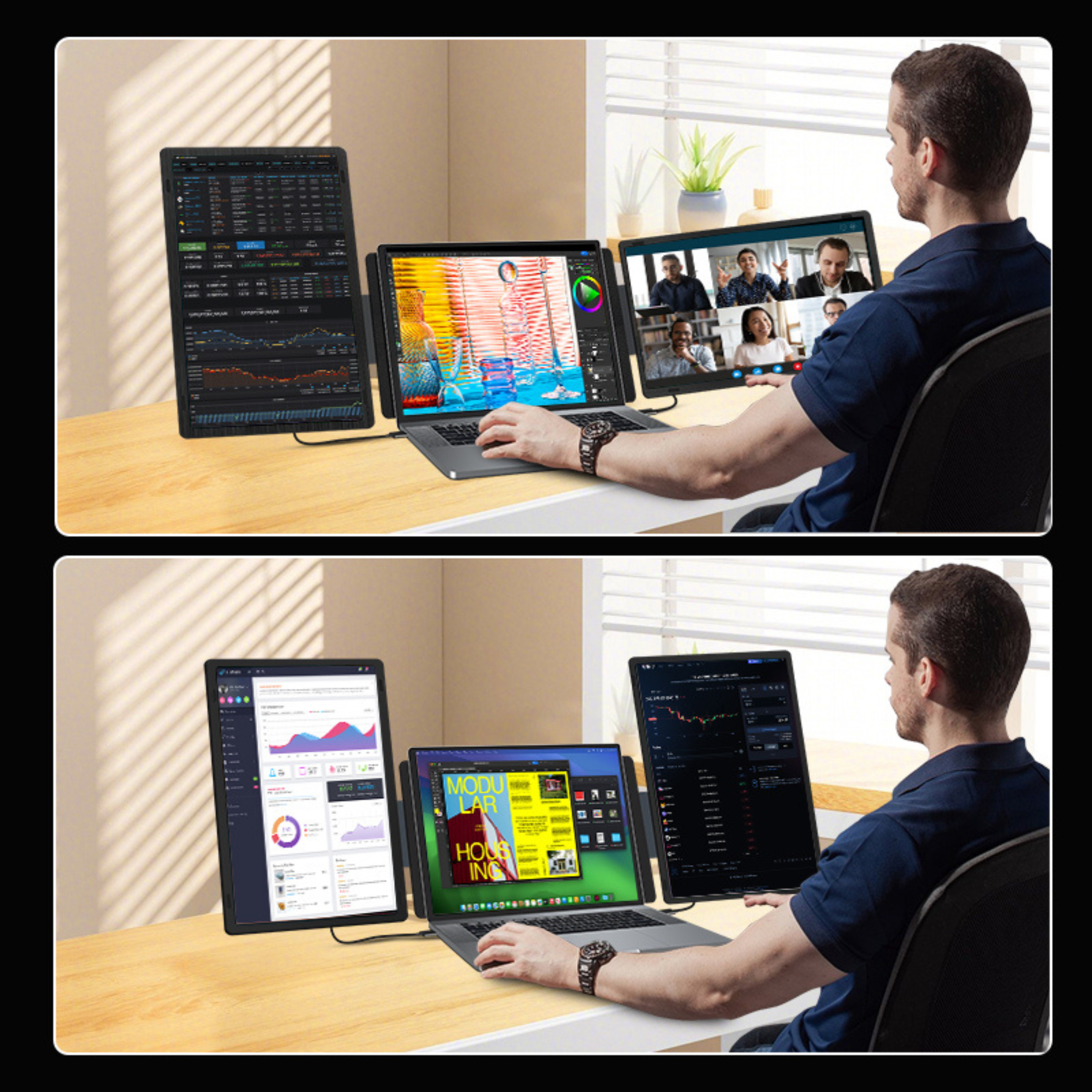 RIITEK 15.6 inch Tri Screen Monitor creating a trading monitor setup with three Full HD displays for stock market professionals.