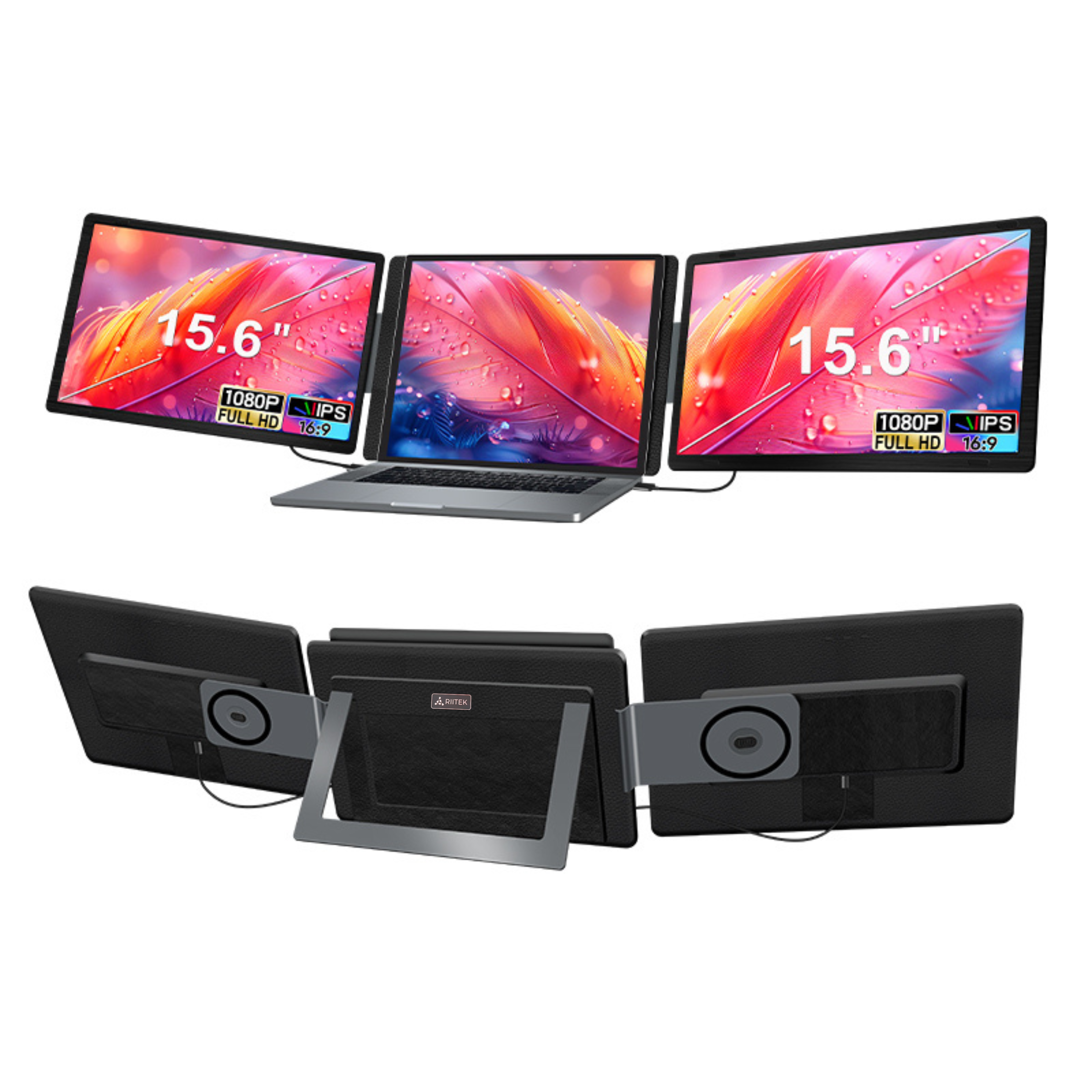 Foldable RIITEK 15.6 inch Tri Screen Monitor with adjustable dual displays for portable multi screen laptop setup.
