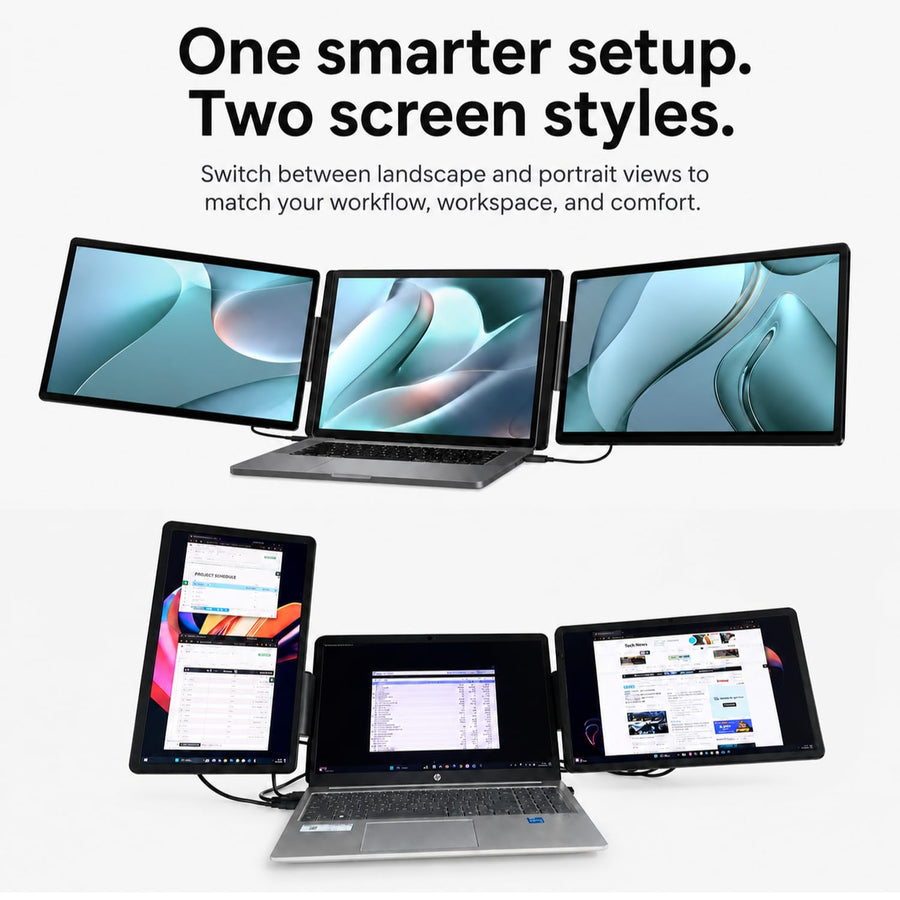 RIITEK 15.6 inch tri screen monitor shown in both portrait and landscape orientation for flexible laptop workflows