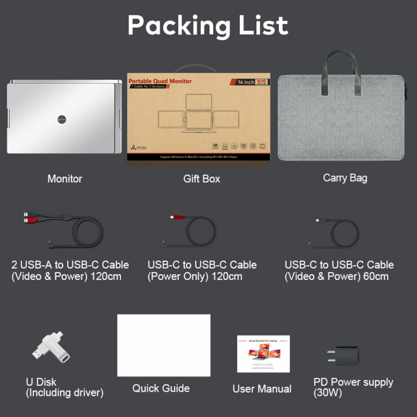 RIITEK 14" Quad Monitor Portable Laptop Screen Extender Display
