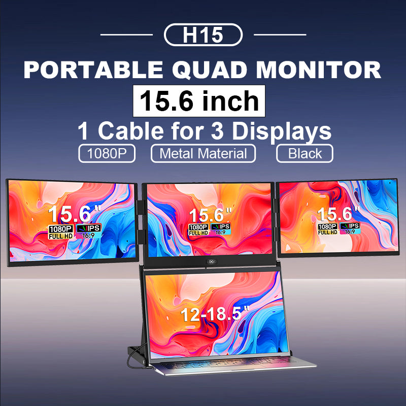 Portable quad monitor with 15.6-inch display, 1080P resolution, metal material, and black color on a gradient blue background.