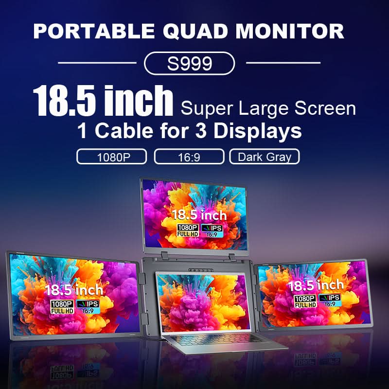 RIITEK 18.5 Inch Quad Portable Monitor for Laptop Screen 1 cable 3 Display