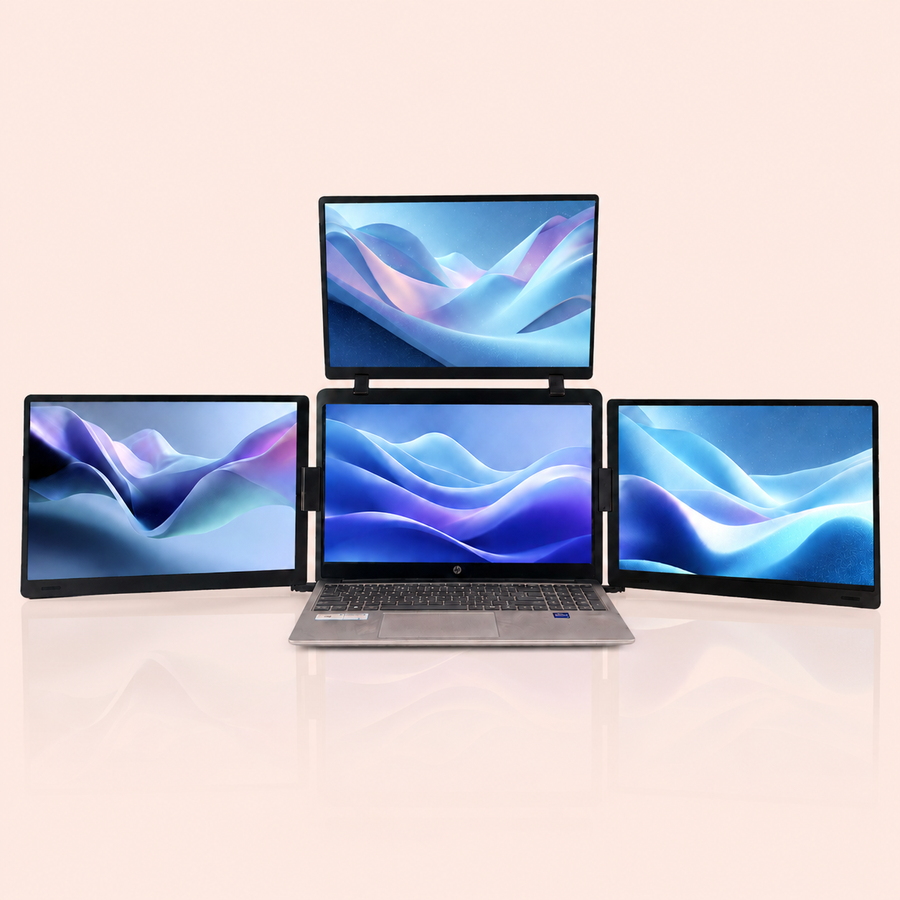 RIITEK 14-inch quad portable monitor laptop screen extender with three Full HD displays creating a four-screen workstation.
