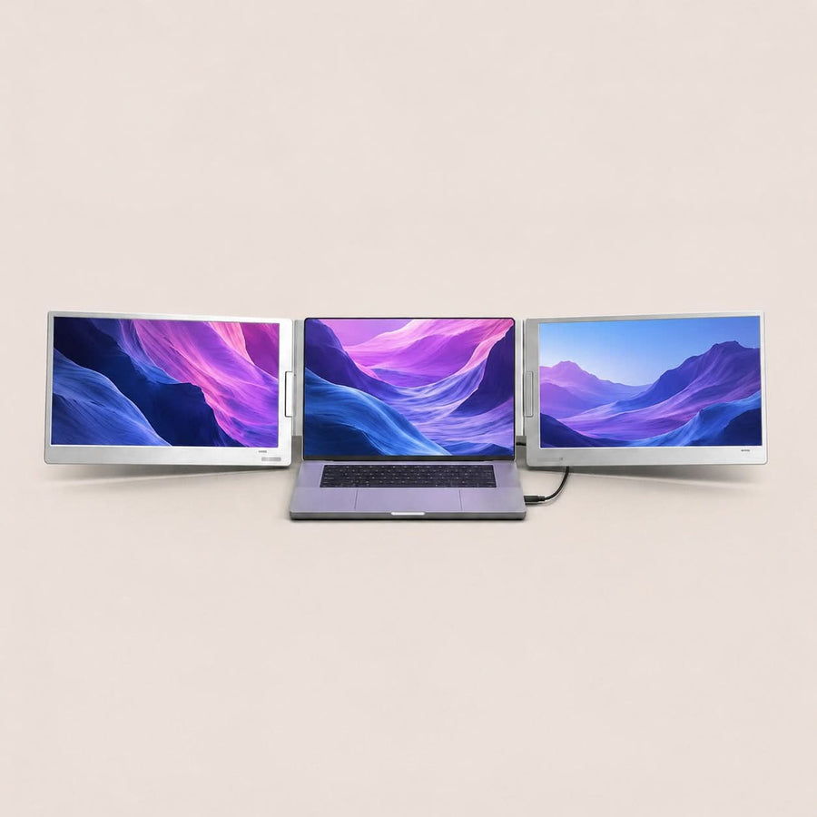 RIITEK 16-inch tri portable monitor with two Full HD displays expanding a laptop into a three-screen workstation.