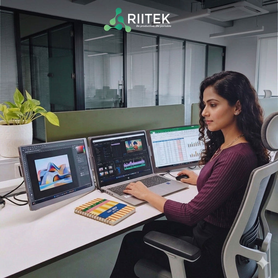RIITEK tri portable monitor creating a three-screen laptop workstation for enhanced productivity.