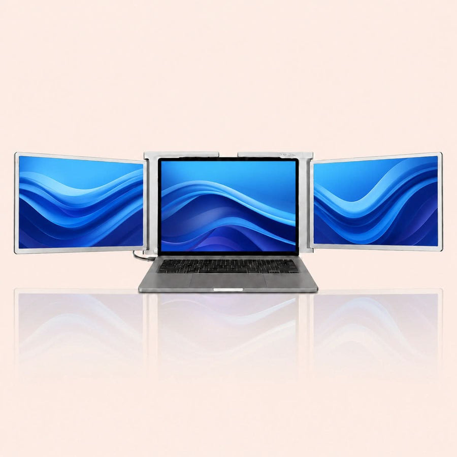 RIITEK 13.3 inch triple screen monitor attached to a laptop, showing three Full HD displays open side by side on a white background