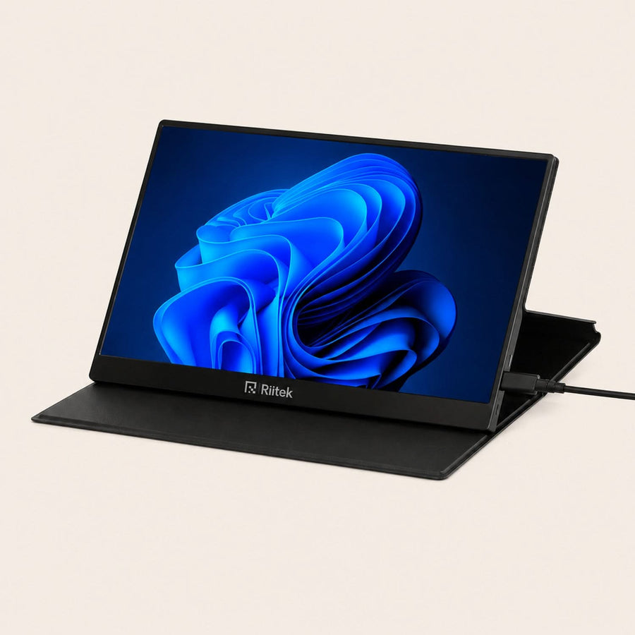 RIITEK 15.6 inch portable Full HD monitor with Windows 11 desktop on screen, foldable magnetic smart cover stand