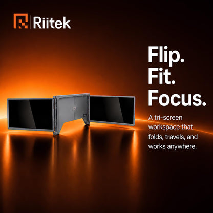 RIITEK 13.3 inch foldable Tri Screen Monitor designed to fit with a laptop for portable work and multitasking