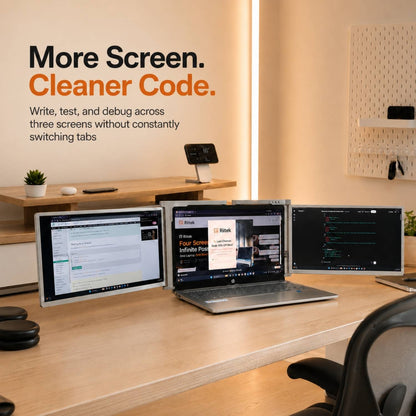 RIITEK 13.3 inch Tri Screen Monitor for coding and multitasking with multiple laptop screens for a cleaner workspace