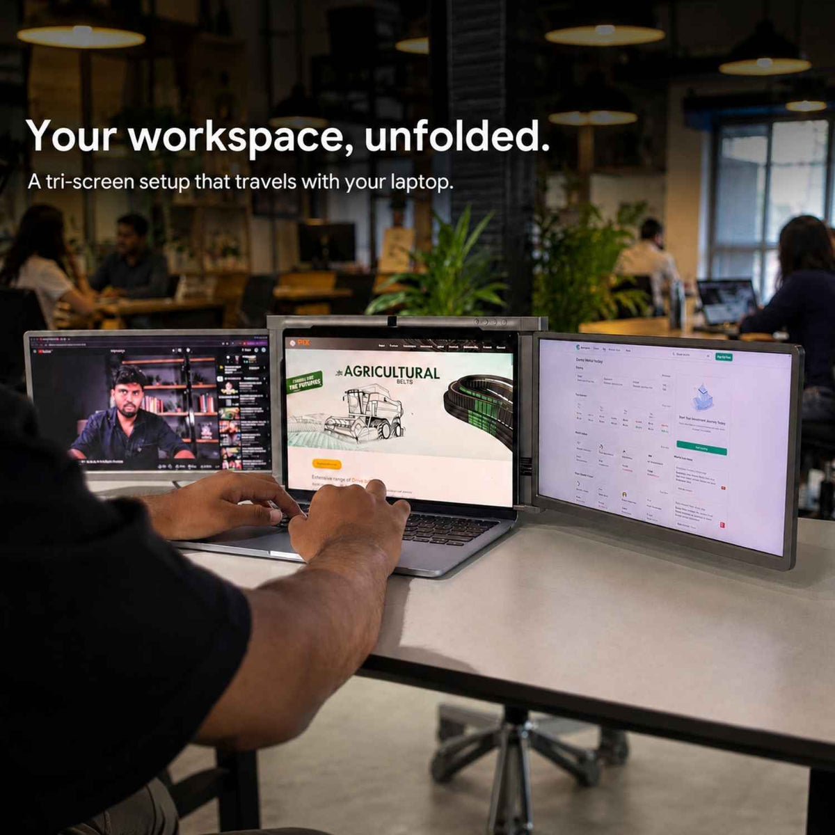RIITEK 13.3 inch Tri Screen Monitor creating a portable three-screen workstation for work and multitasking