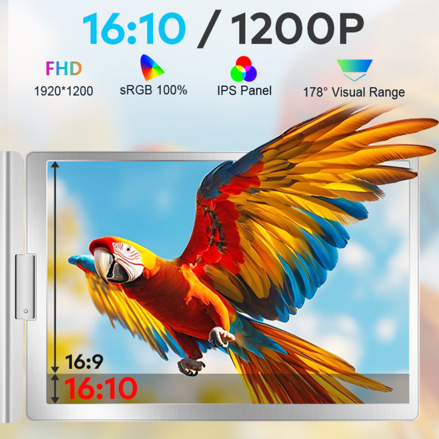14-inch Full HD 1920 × 1200 IPS portable monitor with a 16:10 aspect ratio for clear and vibrant visuals.