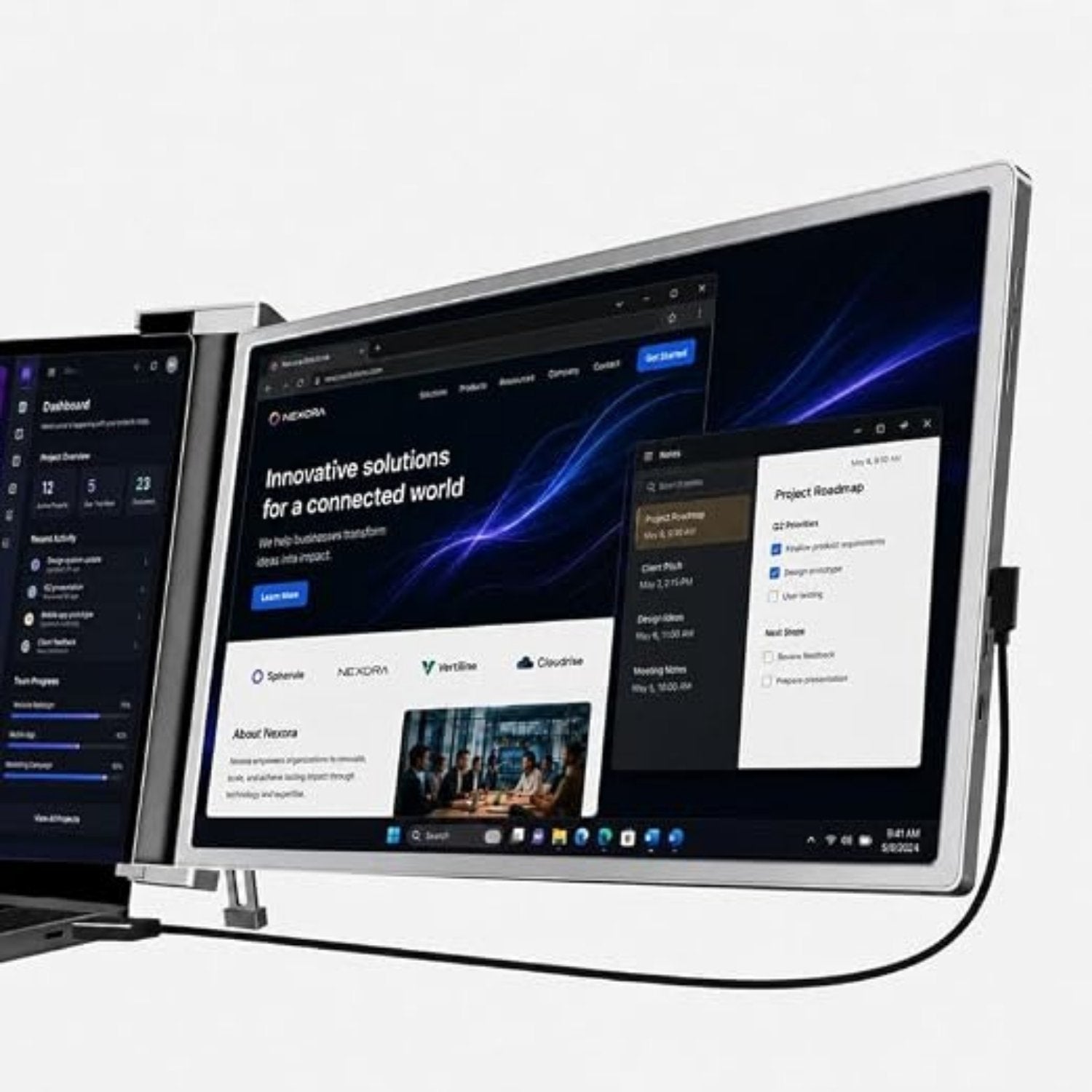 RIITEK 14 inch second screen attached to laptop lid showing slim spring clip mount design