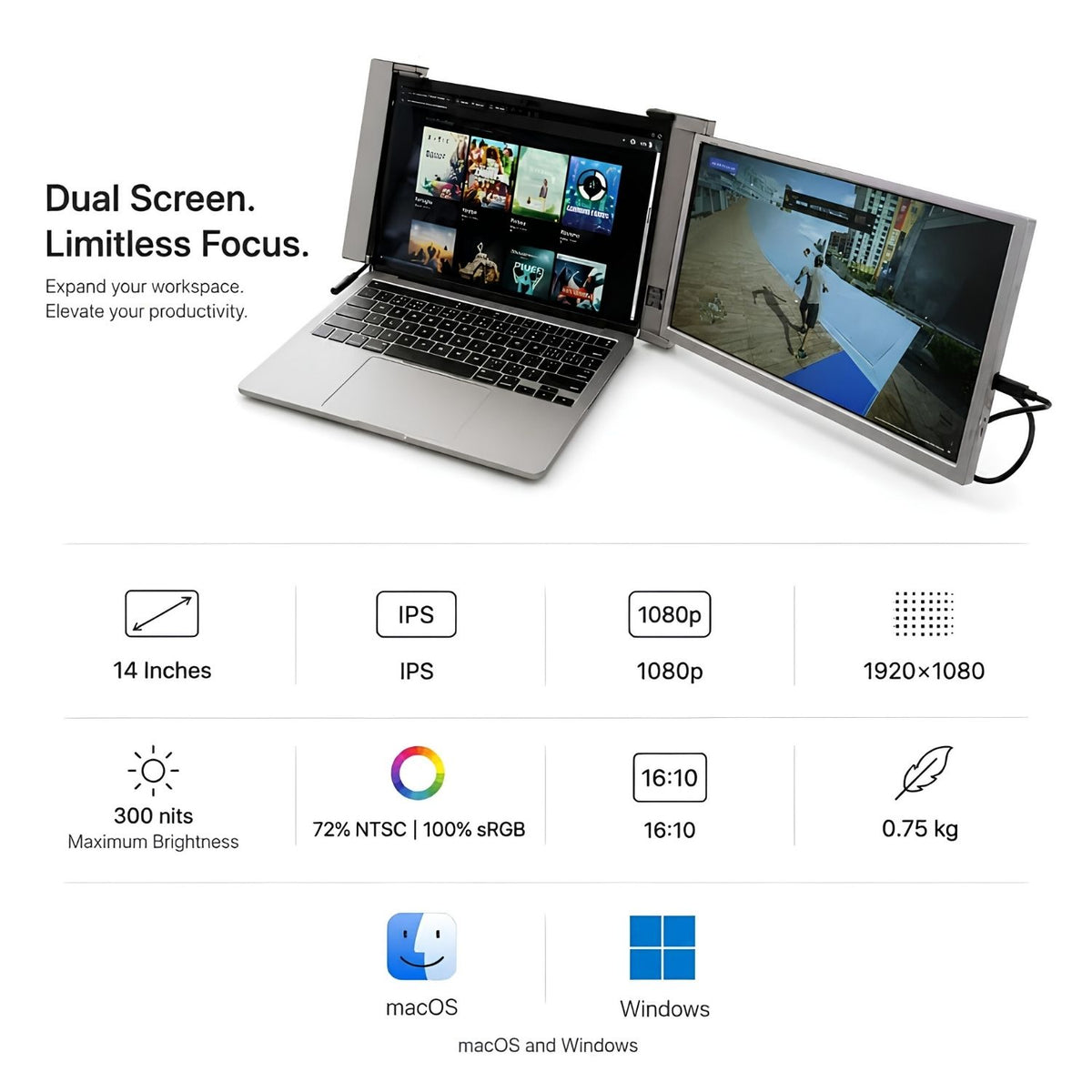 RIITEK 14 inch dual screen monitor specification banner showing IPS panel Full HD resolution and laptop compatibility