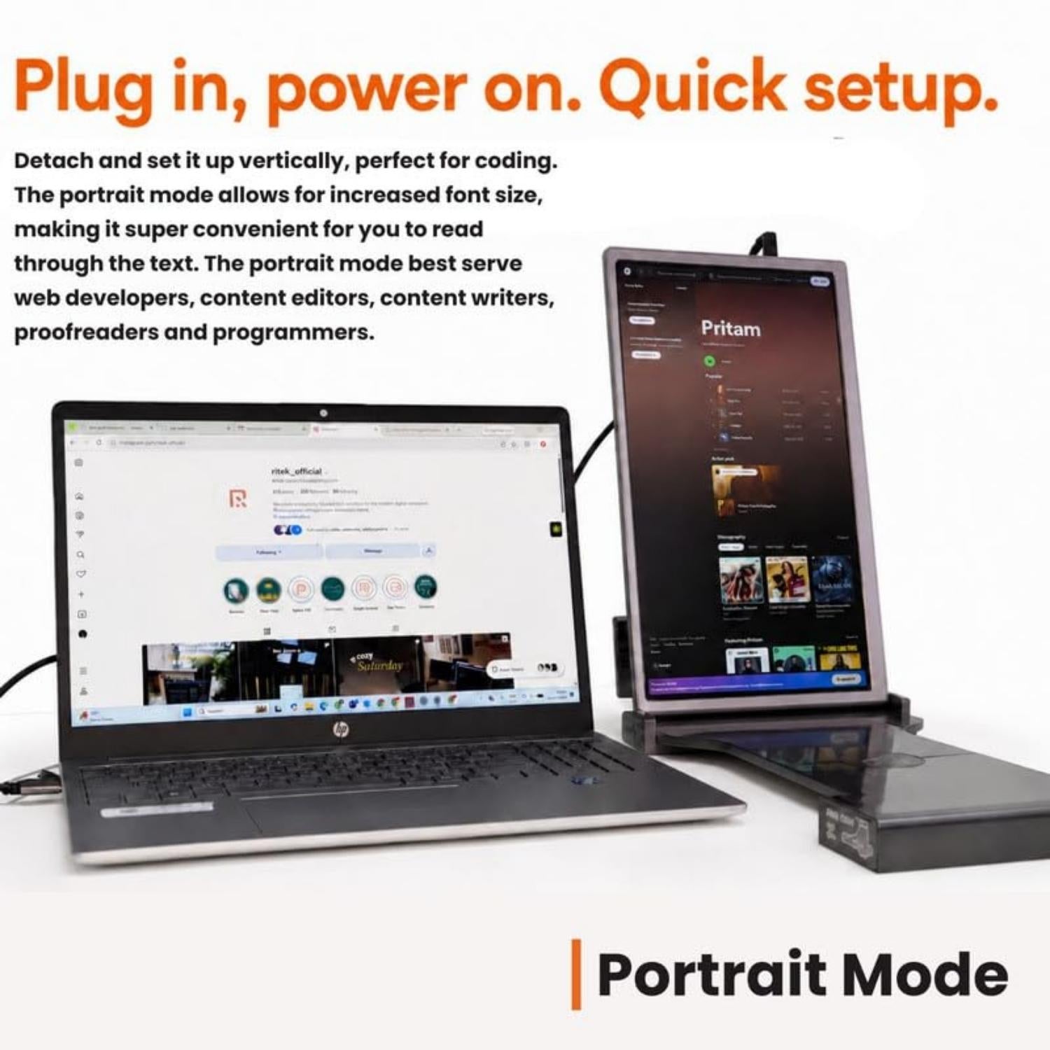 RIITEK 14 inch portable monitor in portrait mode for coding and reading on laptop screen extender
