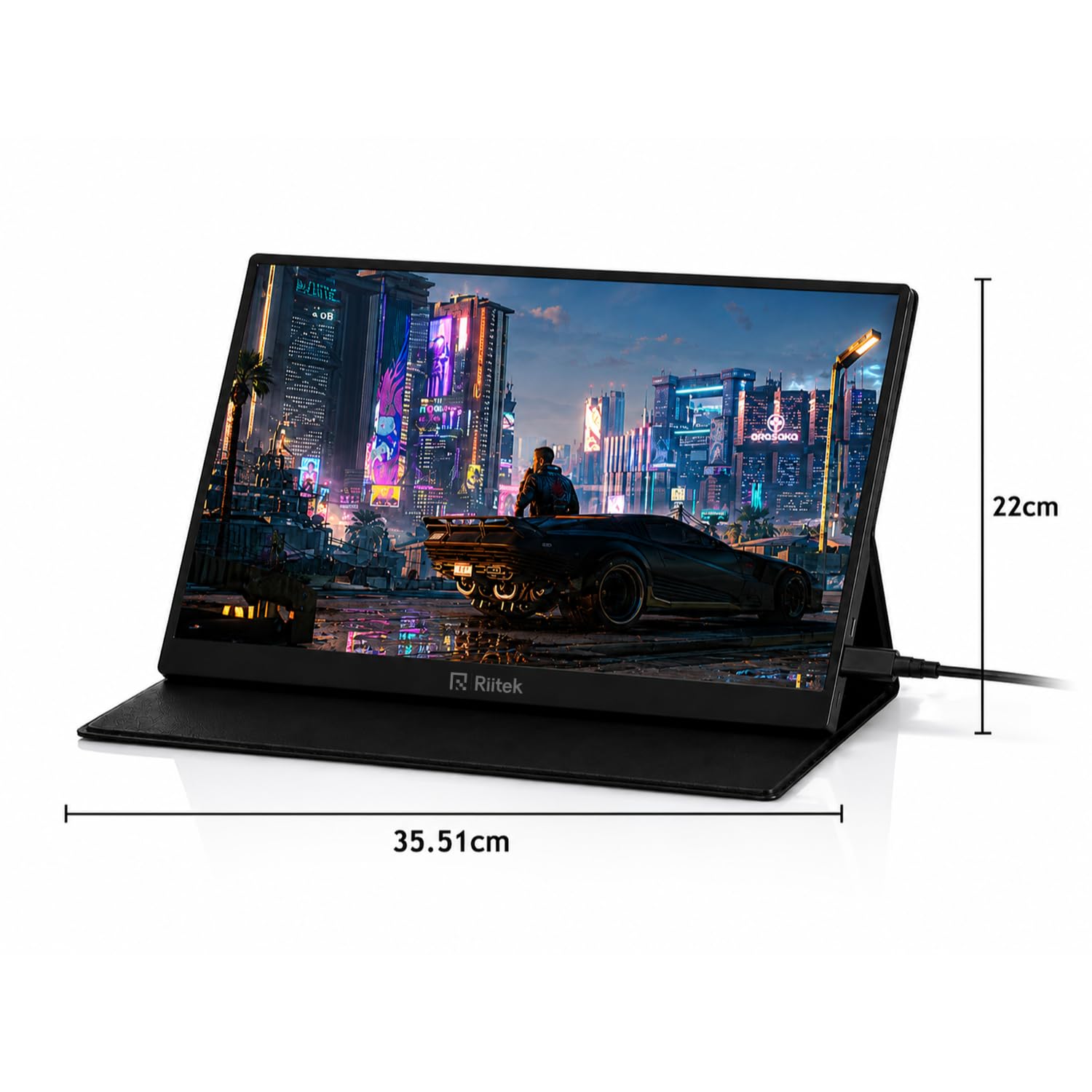 RIITEK 15.6 inch portable Full HD monitor dimensions showing 35.51cm width and 22cm height