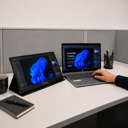 RIITEK 15.6 inch portable monitor used as second screen for creative design work alongside laptop
