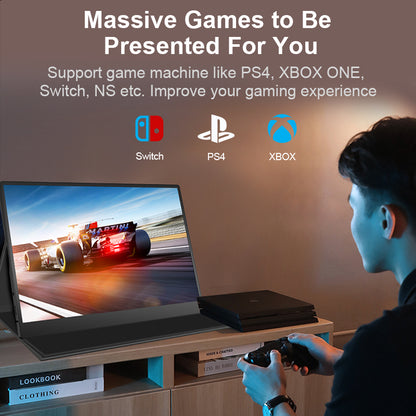 RIITEK 15.6 inch portable monitor connected to gaming consoles showing PS4, Xbox One Switch compatibility for portable gaming