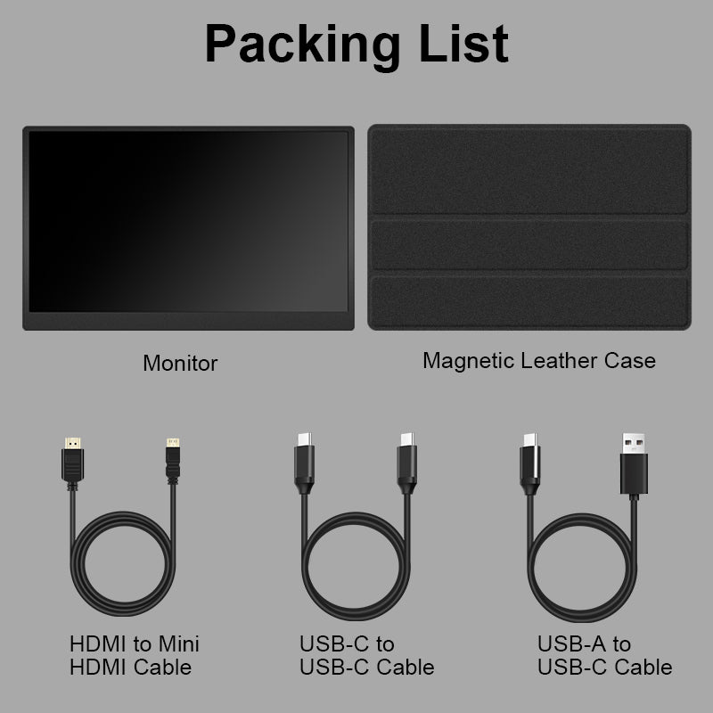RIITEK 15.6 inch portable monitor packing monitor, magnetic leather case, HDMI to Mini HDMI cable, USB-C cable and USB-A to USB-C cable
