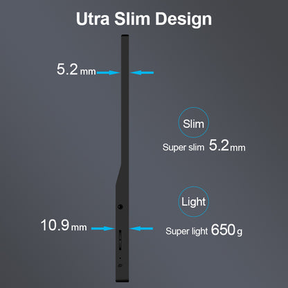 RIITEK 15.6 inch portable monitor ultra slim design infographic showing 5.2mm slim profile, 10.9mm super slim measurement and lightweight build
