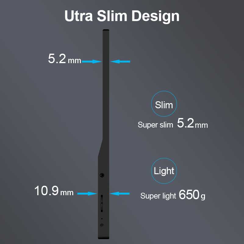 RIITEK 15.6 inch portable monitor ultra slim design infographic showing 5.2mm slim profile, 10.9mm super slim measurement and lightweight build
