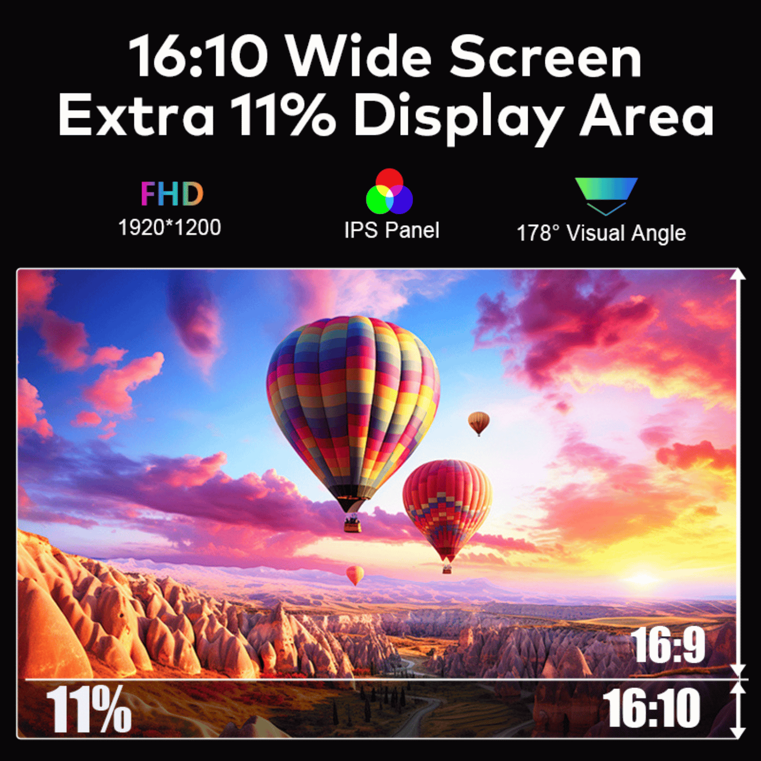 RIITEK 16 inch monitor 16:10 widescreen with 11 percent extra display area and IPS panel