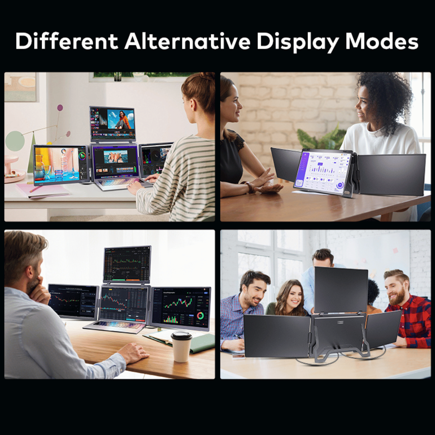 Professionals using RIITEK quad portable monitor in different display mode setups