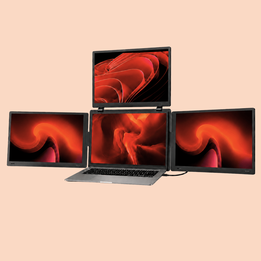 RIITEK 16 inch quad monitor portable laptop screen extender with three displays unfolded