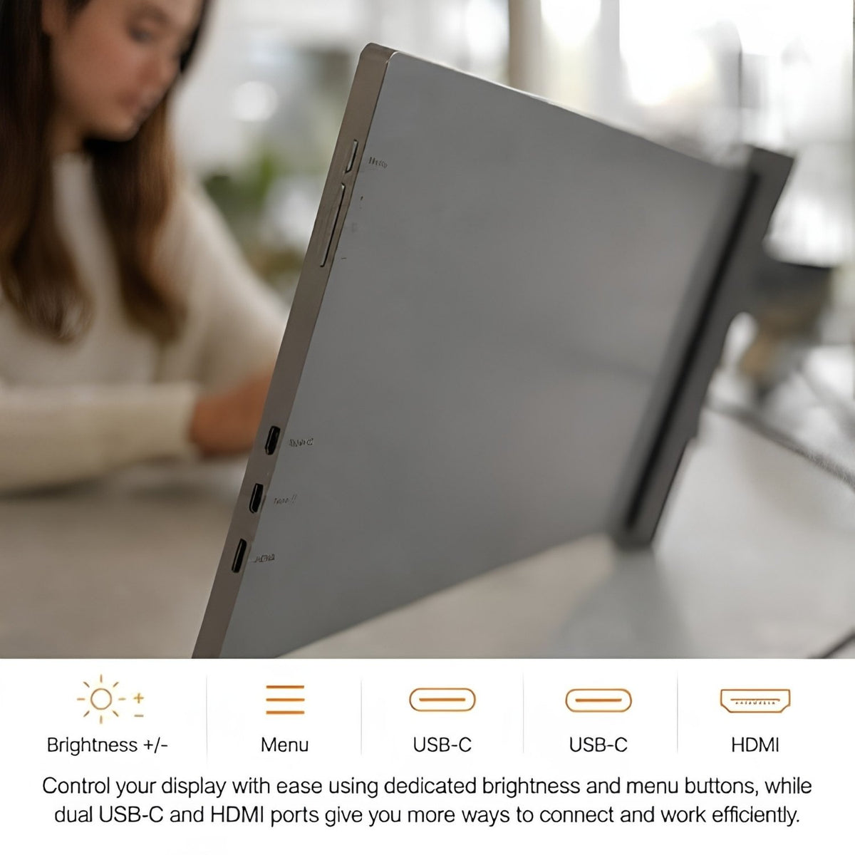 RIITEK dual monitor brightness, menu and USB-C HDMI port controls on 14 inch laptop screen extender