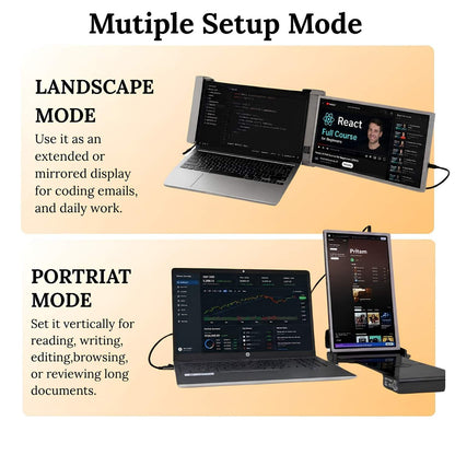 RIITEK 14 inch dual monitor multiple setup modes showing landscape mode for coding and portrait mode for reading